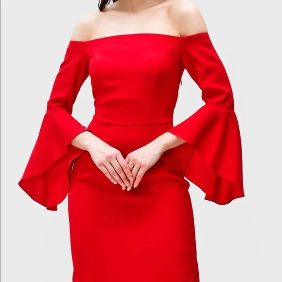 Boston Proper Red Flare Sleeves Off Shoulder Boho Hipster Chic SzM - Picture 2 of 10